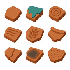 Clay Pottery Icon Set. Isometric Flat icon set of clay pottery shards: terracotta fragment, glaze drip, kiln mark, hand-pressed