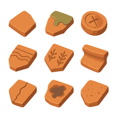 Clay Pottery Icon Set. Isometric Flat icon set of clay pottery shards: terracotta fragment, glaze drip, kiln mark, hand-pressed