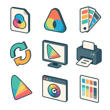 Color Management Icons. Isometric Flat icon set of color management workflow: ICC profile file, color space icon, swatch book,