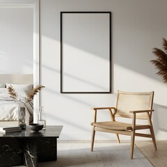 Minimalist bedroom mockup with empty frame and chair