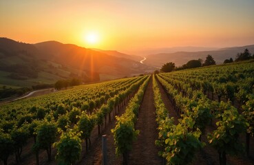 Fototapeta premium Sunrise over vineyard rows. Golden sun rays illuminate rich grape vines on a hillside. Scenic rural landscape, perfect for wine tourism, agriculture, harvest, travel concept.