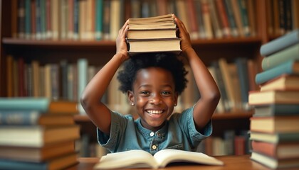 Happy African American boy balances stack books on head. Smiling child embraces learning, study at home. Cozy library interior, education, childhood, literacy, knowledge concept.