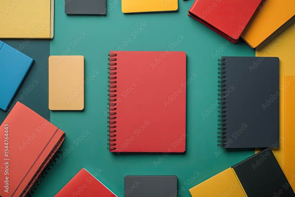 Poster premium quality image of top view assortment of desk elements with opened notebook