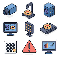 AI Quality Inspection Icons. Isometric Flat icon set of AI and machine vision quality inspection: vision camera, inspection
