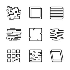 Digital Glitch Icons. Outline icon set of digital glitch art: pixel distortion, RGB shift, scan line, data moshing, broken frame,