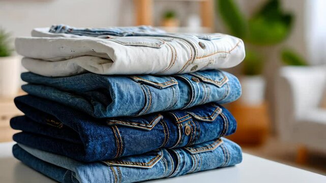 Organizing denim clothing in a cozy room with plants and bright decor