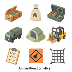 Ammunition Logistics Icons. Isometric Flat icon set of ammunition logistics: shell crate, propellant bag, fuse kit, ammo truck,