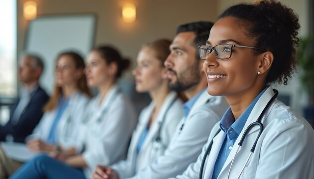 Diverse medical professionals attend conference, listening attentively. Doctors, nurses, specialists collaborate discussing healthcare innovation, patient care. Teamwork key to modern medicine. - Powered by Adobe