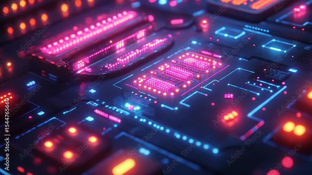 Poster amidst a mesmerizing array of colorful lights, expert craftsmanship brings high tech circuit boards 