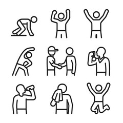 Athlete Gesture Icons. Outline icon set of athlete gestures: starting crouch, arm pump, victory pose, cool-down stretch, medal