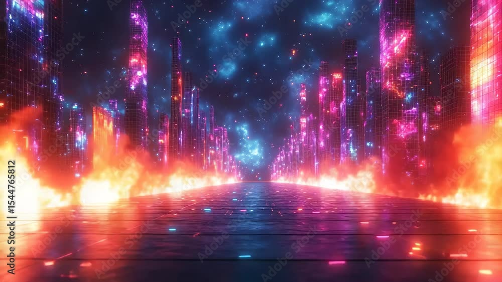 Poster a mesmerizing journey through a neon cityscape where towering structures emanate vibrant colors, mel