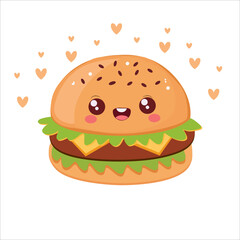 Cute Kawaii Cheeseburger with Happy Face and Hearts – Adorable Food Art