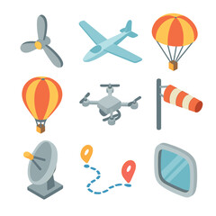 Aviation Icon Collection. Isometric Flat icon set of aviation breezes: propeller, glider, parachute, hot air balloon, drone,