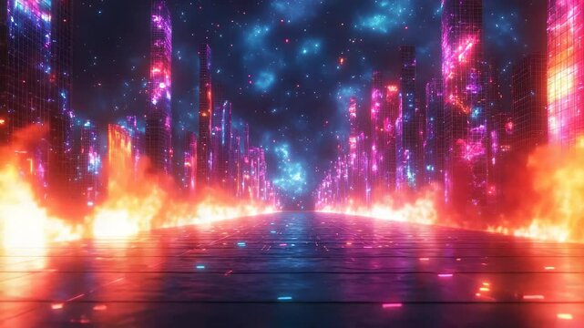 A mesmerizing journey through a neon cityscape where towering structures emanate vibrant colors, melding with flames that dance across the ground, creating a captivating spectacle of light and motion.