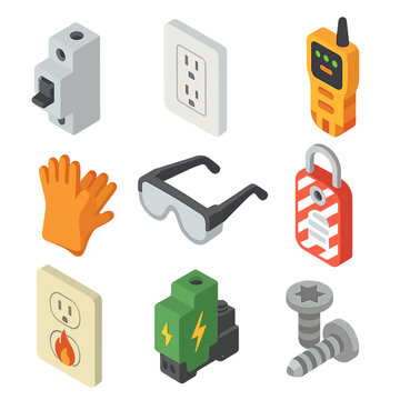 Electrical Safety Icons. Isometric Flat icon set of electrical safety and compliance: circuit breaker icon, GFCI outlet plate, RCD