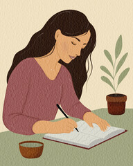 Illustration of woman writing in diary. Lifestyle illustration. Woman life. 