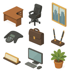 Executive Office Icons. Isometric Flat icon set of executive office environment: corner office desk, leather executive chair,