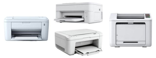 Modern white office printers collection isolated on transparent background