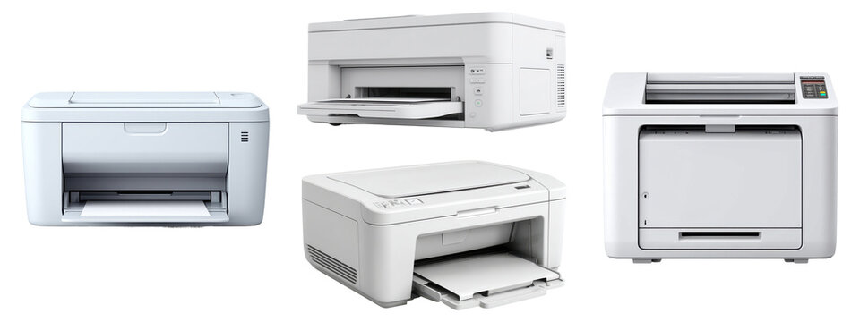 Modern white office printers collection isolated on transparent background
