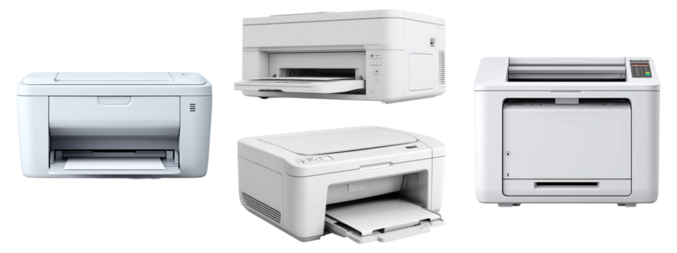 Modern white office printers collection isolated on transparent background
