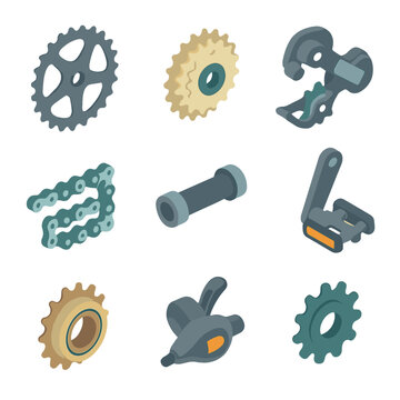 Bicycle Drivetrain Icon Set. Isometric Flat icon set of bicycle drivetrain elements: chainring, cassette sprocket, derailleur,