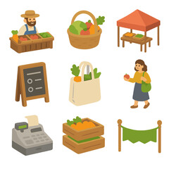 Farmers Market Icons. Isometric Flat icon set of Local Farmers Markets: farmer stall, fresh produce basket, vendor tent,
