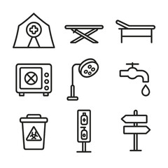 Field Hospital Icons. Outline icon set of field hospital setup: medical tent, folding bed, examination table, sterilization unit,