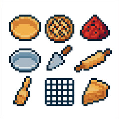 Fototapeta premium Festive Pie Icon Set. Pixel art icon set of festive pie making: pie crust, lattice top, fruit filling, pie dish, pie server,
