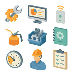 Maintenance Management Icons. Isometric Flat icon set of maintenance management: wrench and gear, CMMS software screen, predictive