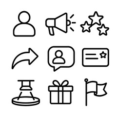 Fototapeta premium Brand Advocate Icons. Outline icon set of brand advocate activities: fan silhouette, megaphone shout, star rating, referral arrow,