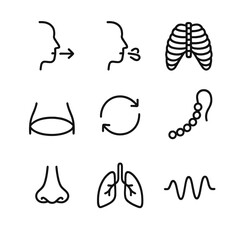 Breath Awareness Icons. Outline icon set of breath awareness: inhalation arrow, exhalation arrow, rib cage outline, diaphragm
