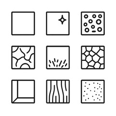 Finish Texture Icons. Outline icon set of solid finishes and textures: matte finish, gloss coating, pebble finish, leather texture