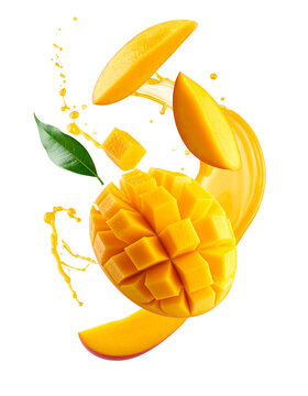 A perfectly cut mango, with slices and diced flesh, levitates in a dynamic splash of mango juice, accompanied by green leaves.