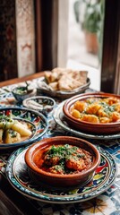 Fototapeta premium Traditional moroccan tajine dishes served on colorful ceramic plates