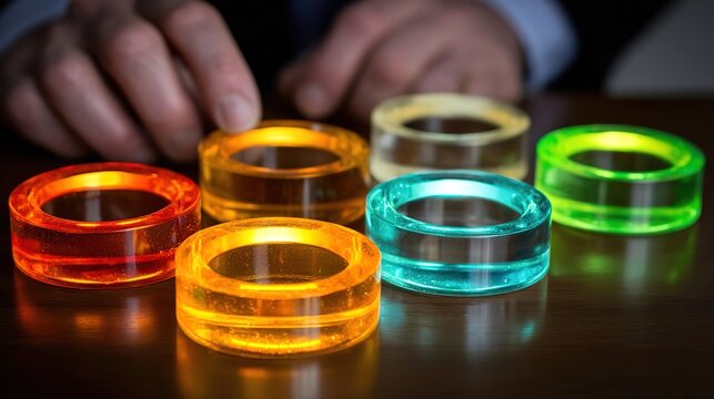 A corporate team adjusts holographic performance rings showing  completion with floating KPI metrics and translucent goal trackers under amber-cyan lighting.