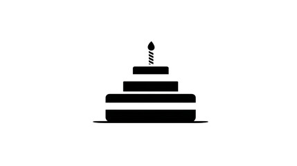 Obraz premium Birthday Cake Icon: A simple yet elegant black and white icon of a layered birthday cake with a single lit candle on top, perfect for celebrations and festive designs.
