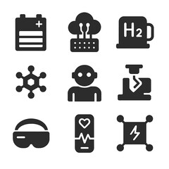 Future Innovation Icons. Flat icon set of future innovations: solid-state battery, quantum computer, hydrogen fuel cell, nanotech