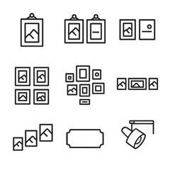 Gallery Wall Icons. Outline icon set of gallery wall layouts: centered artwork, companion piece, spacer line, symmetry grid, salon