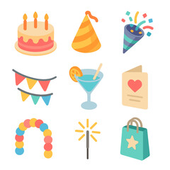 Celebration Icon Set. Isometric Flat icon set of celebration moments: birthday cake, party hat, confetti popper, streamer banner,