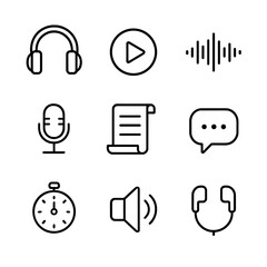 Guided Meditation Icons. Outline icon set of guided meditation elements: headphones, play button, soundwave, microphone, script