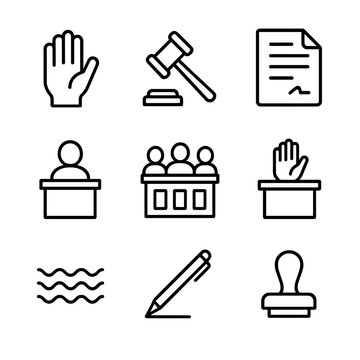 Jury Oath Icon Set. Outline icon set of jury oath: raised hand, gavel, oath document, witness stand, judge bench, oath podium,