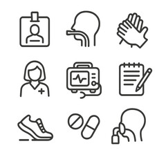 Code Blue Team Roles. Outline icon set of code blue team roles: team leader badge, airway physician, compressor hands, medication