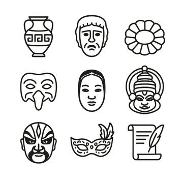 Historic Theater Icons. Outline icon set of historic theater elements: Greek amphora, Roman mask, Elizabethan ruff, commedia