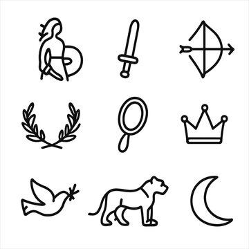 Legendary Heroine Icons. Outline icon set of legendary female heroes: shield maiden silhouette, sword, bow and arrow, laurel