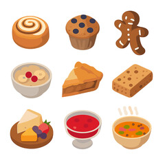 Comfort Food Icon Set. Isometric Flat icon set of comfort food treats: cinnamon rolls, blueberry muffin, gingerbread cookie,