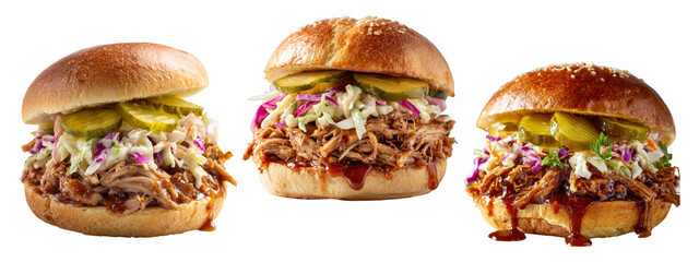 Pulled pork BBQ sandwiches with slaw isolated on transparent background
