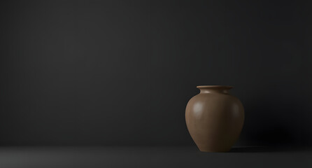 A scene of ceramic vase against dark gradient, illustrated in matte tones, rendered in 3D low-poly