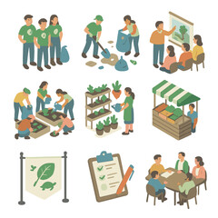 Community Conservation Icons. Isometric Flat icon set of community-led conservation: volunteer group, cleanup crew, educational