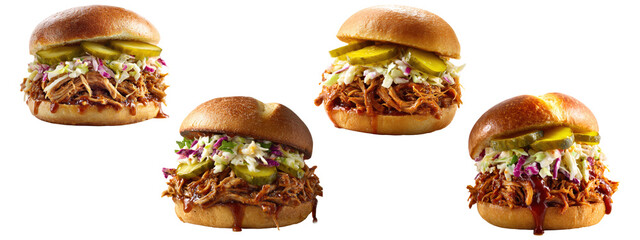 Pulled pork BBQ sandwiches with slaw isolated on transparent background