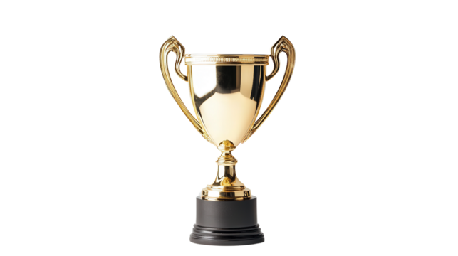 Golden champion trophy sparkling under studio light, ideal for sports or business achievement themes, winner recognition object, isolated on white background